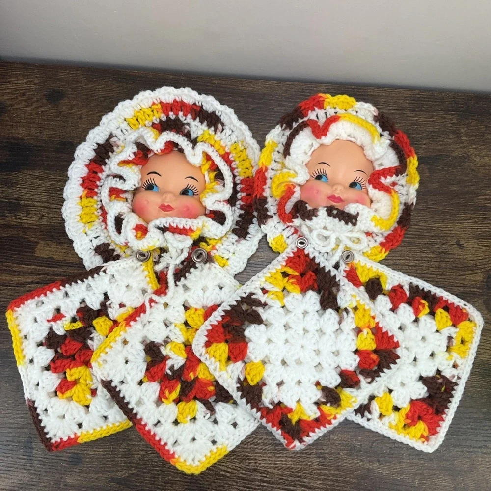 Two Hand Crochet Baby Face with Two Pot Holders Vintage Kitchen Decor